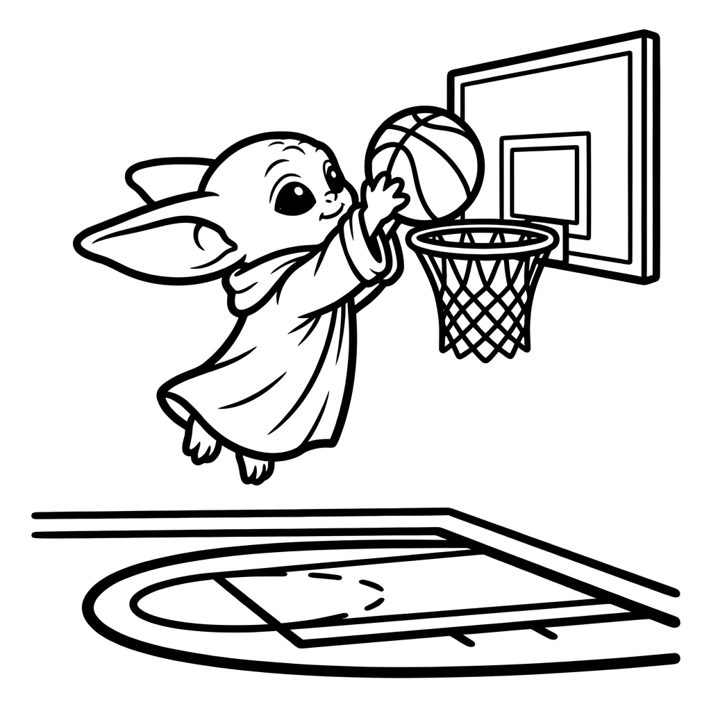 Baby Yoda coloring page dunking a basketball